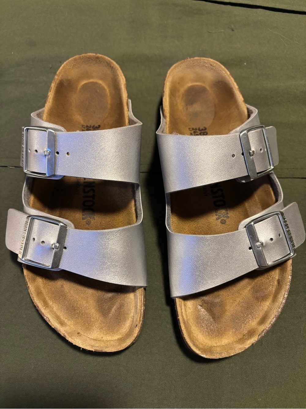 Birkenstock Arizona Silver Two-Strap Sandals NWOT Size 38